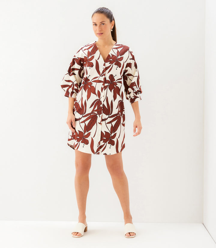 Lantern Sleeve Button-Front Dress