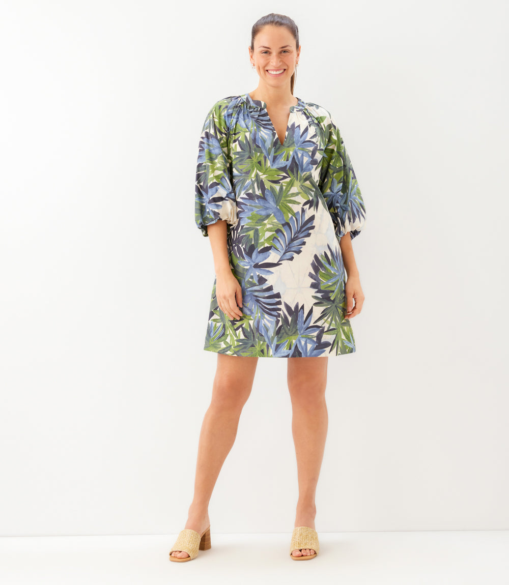 short sleeve petite summer dresses Investments Petite Size Palm Patch Short Cuff Sleeve Split Round Neck Maxi Crinkle Dress, Womens, PL, Palm Patch