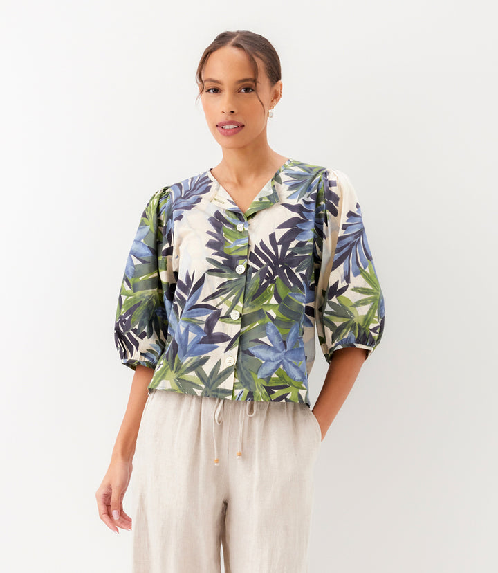 Petite Size Puff Sleeve Button Front Shirt
