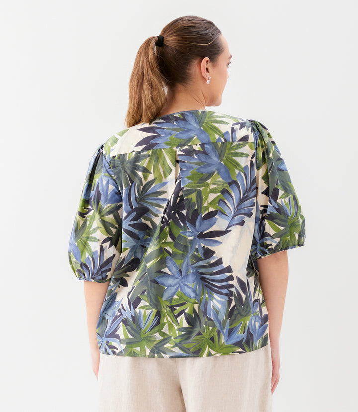 Plus Size Puff Sleeve Button Front Shirt