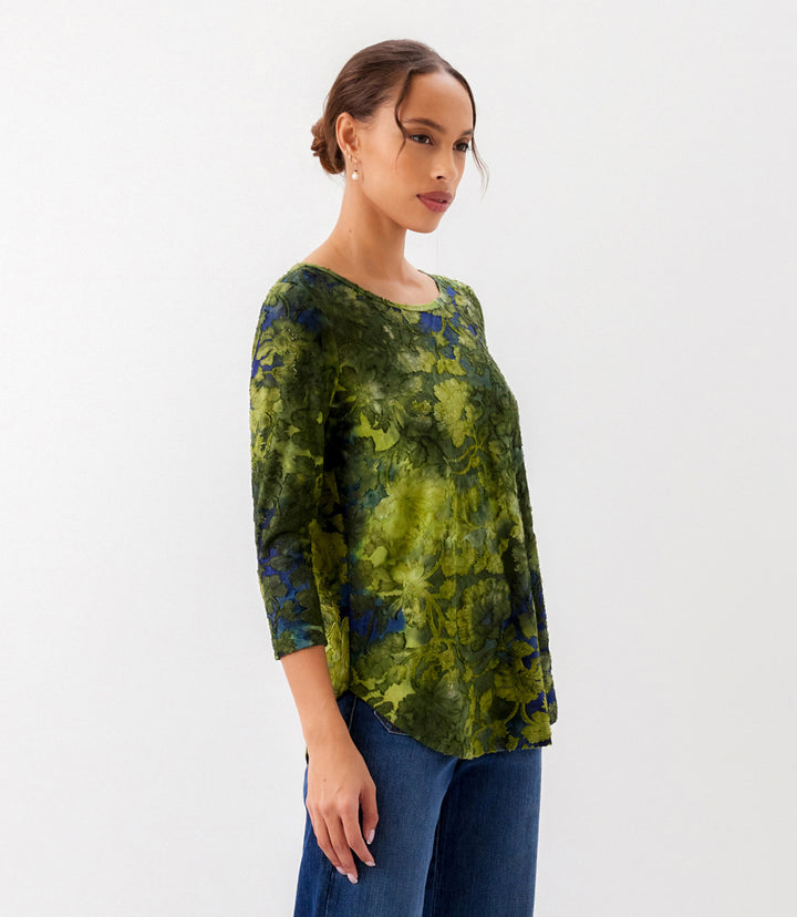 Petite Size 3/4 Sleeve Burnout Shirttail Top