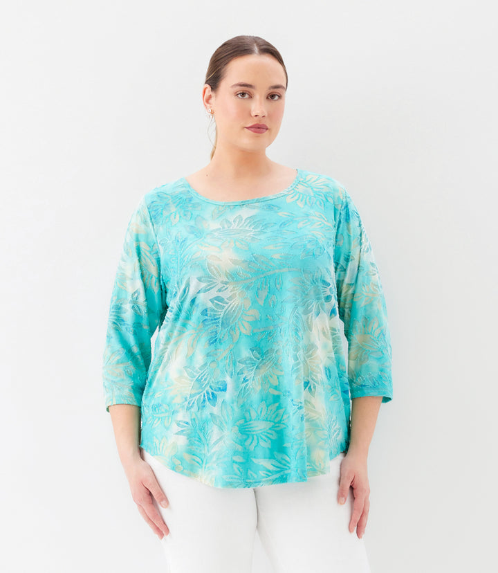 Plus Size 3/4 Sleeve Burnout Shirttail Top