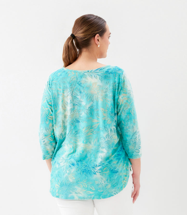 Plus Size 3/4 Sleeve Burnout Shirttail Top