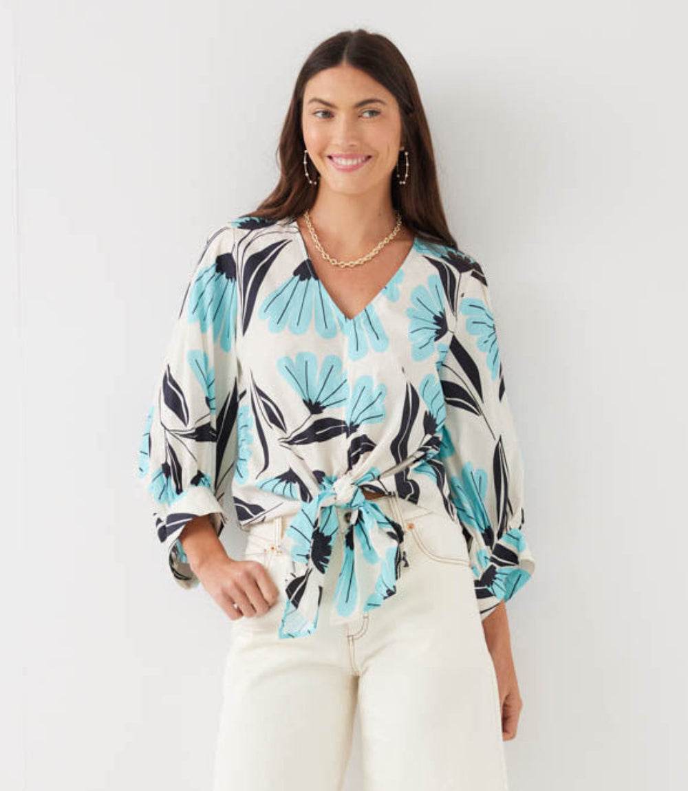 Blouson Sleeve Tie-Front Top - Vibrant Floral Style & Comfort