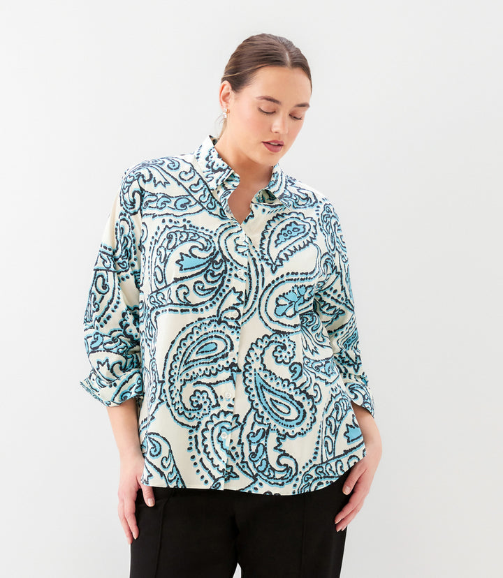 Plus Size Ruched Sleeve Button- Up Shirt