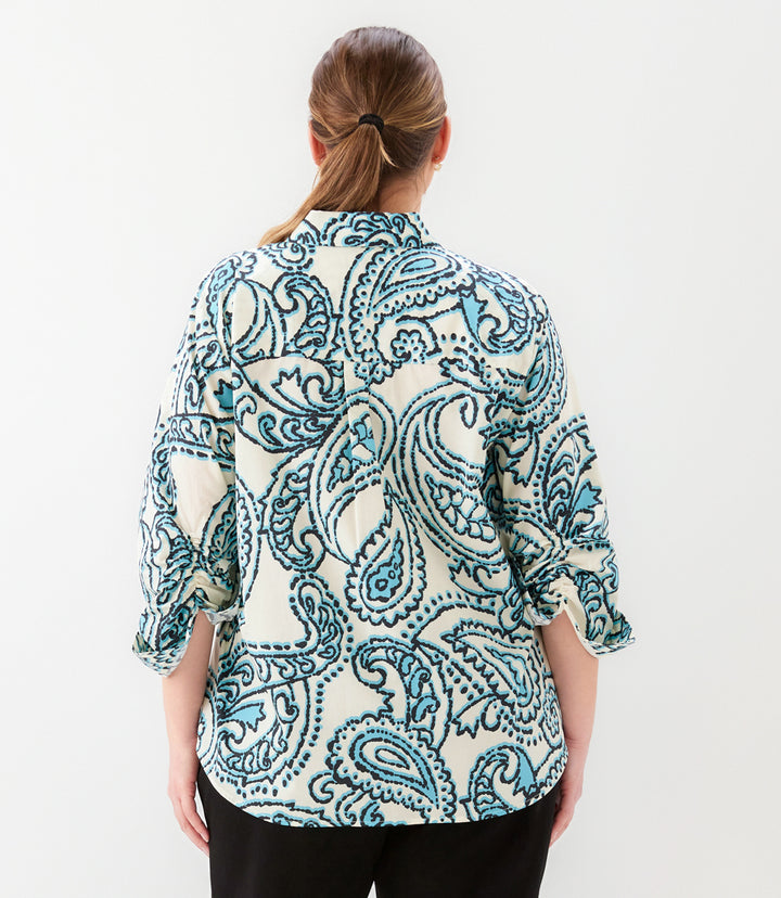Plus Size Ruched Sleeve Button- Up Shirt