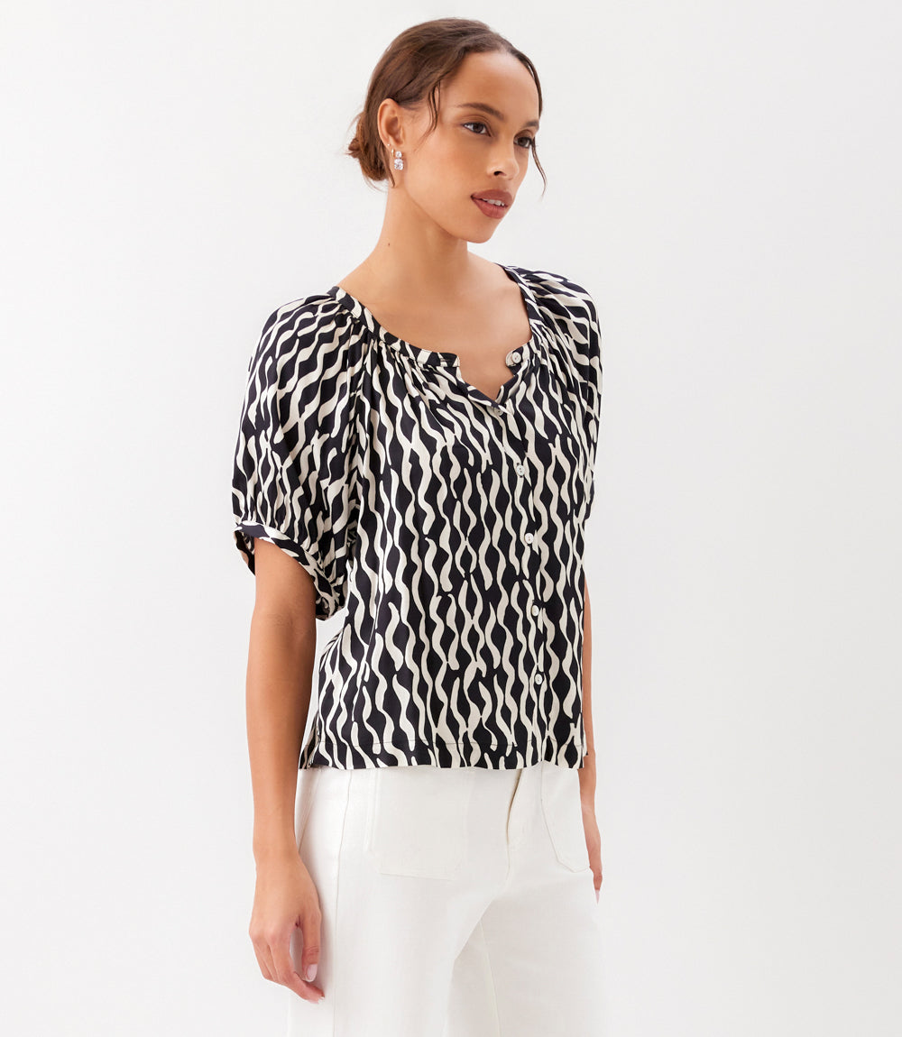 Satin Short Sleeve Peasant Top