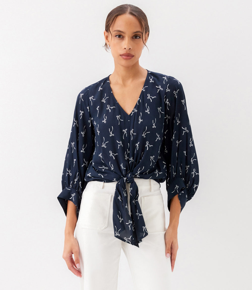 Blouson Sleeve Tie-Front Top