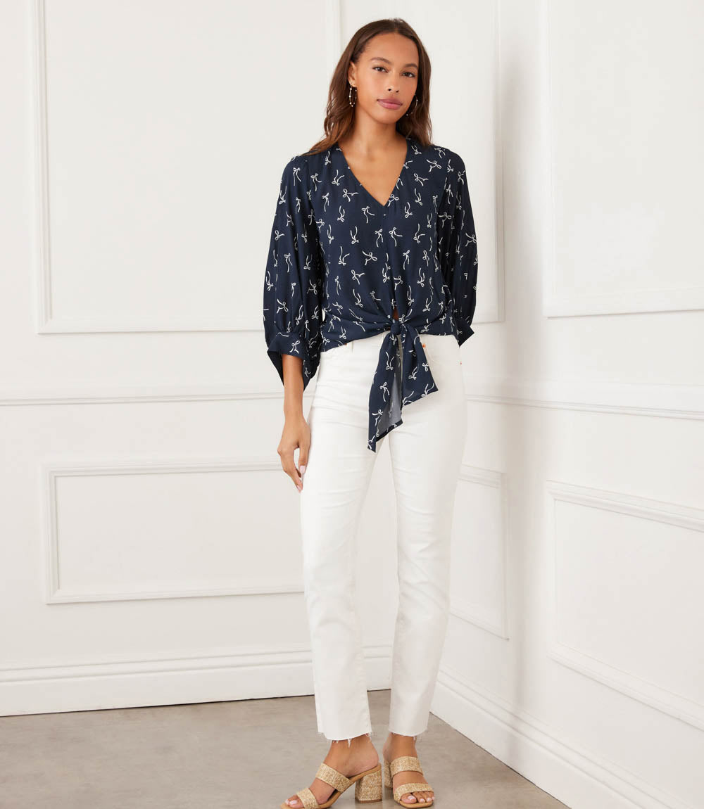 Blouson Sleeve Tie-Front Top