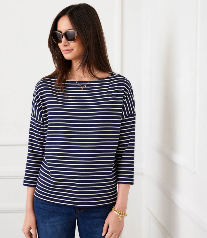 Petite Size Stripe 3/4 Sleeve Boatneck Top