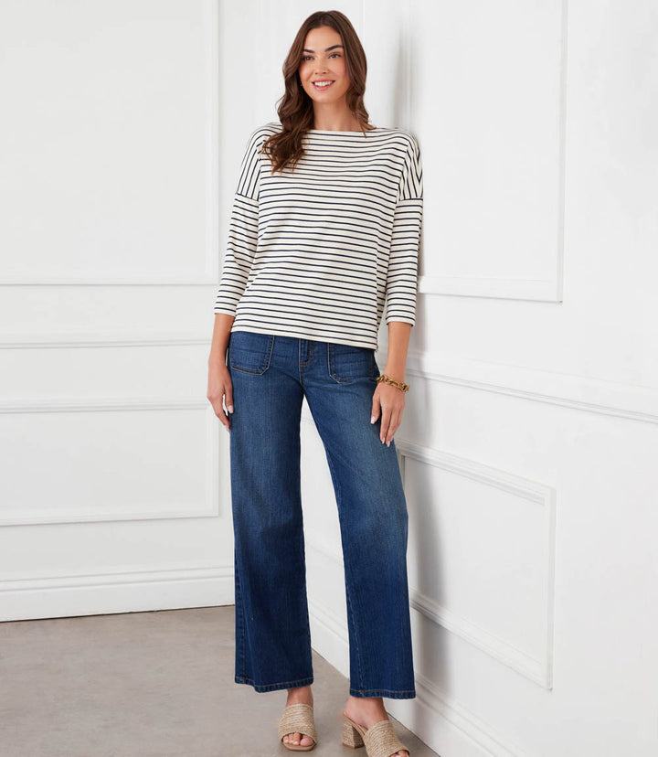 Stripe 3/4 Sleeve Boatneck Top