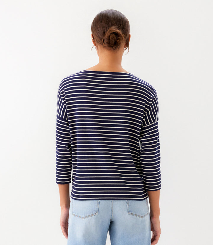 Stripe 3/4 Sleeve Boatneck Top