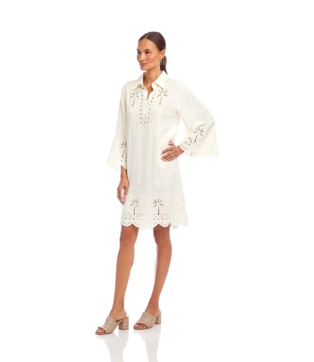 Flare Sleeve Cutout Embroidered Shirtdress