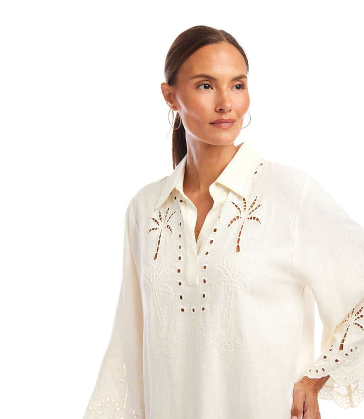 Flare Sleeve Cutout Embroidered Shirtdress