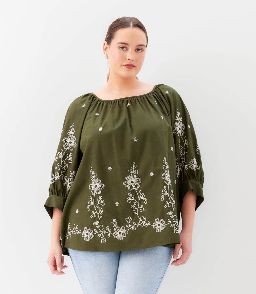 Plus size embroidered blouson sleeve top in cotton poplin with scoop neck and cream embroidery