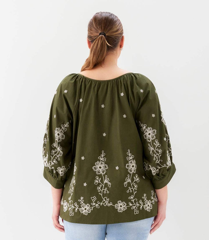 Plus Size Embroidered Blouson Sleeve Top