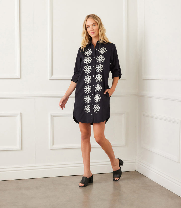 Petite Size Roll Tab Embroidered Shirtdress