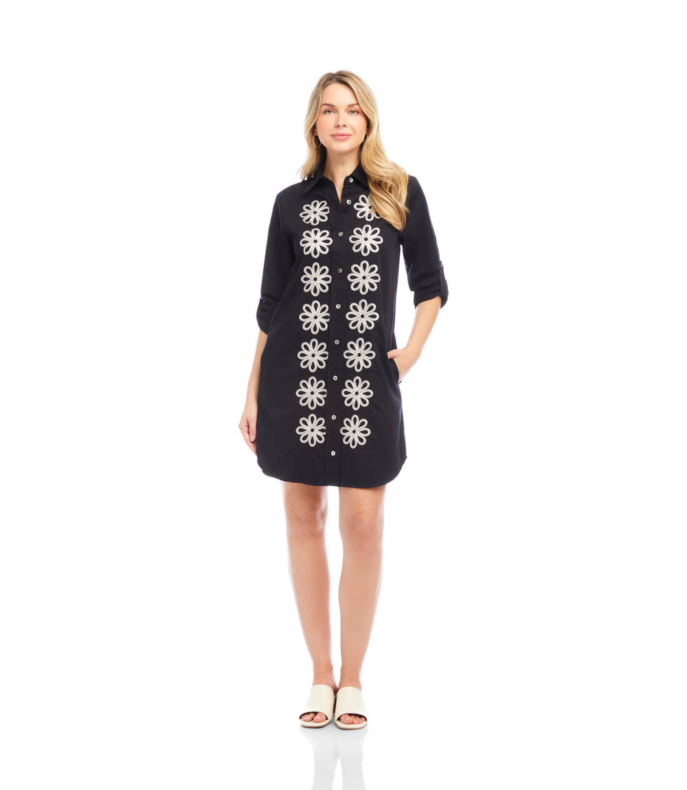Petite Size Roll Tab Embroidered Shirtdress