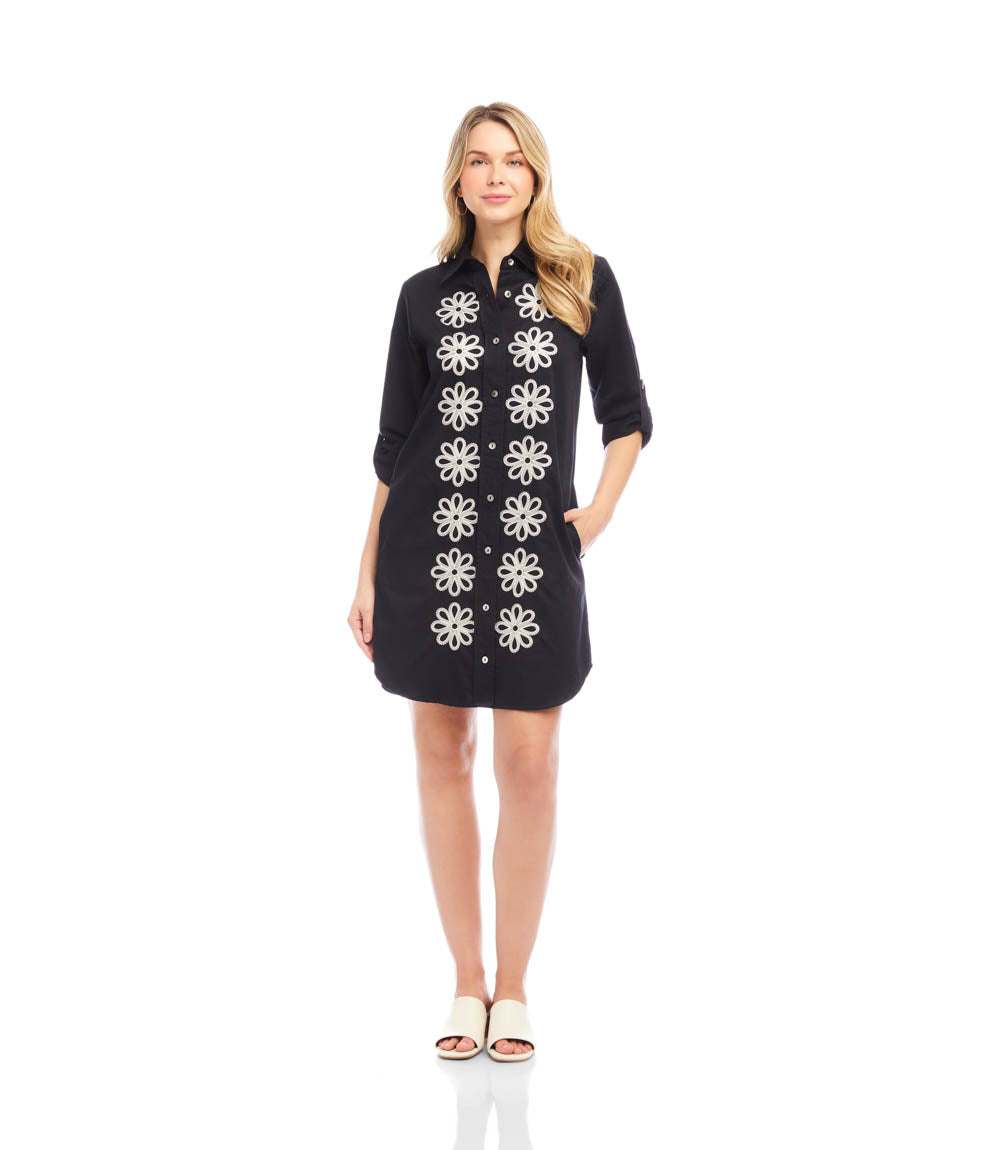 Roll Tab Embroidered Shirtdress