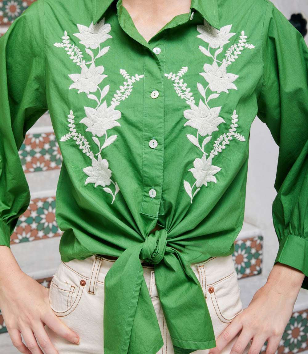 Blouson Sleeve Embroidered Tie-Front Top