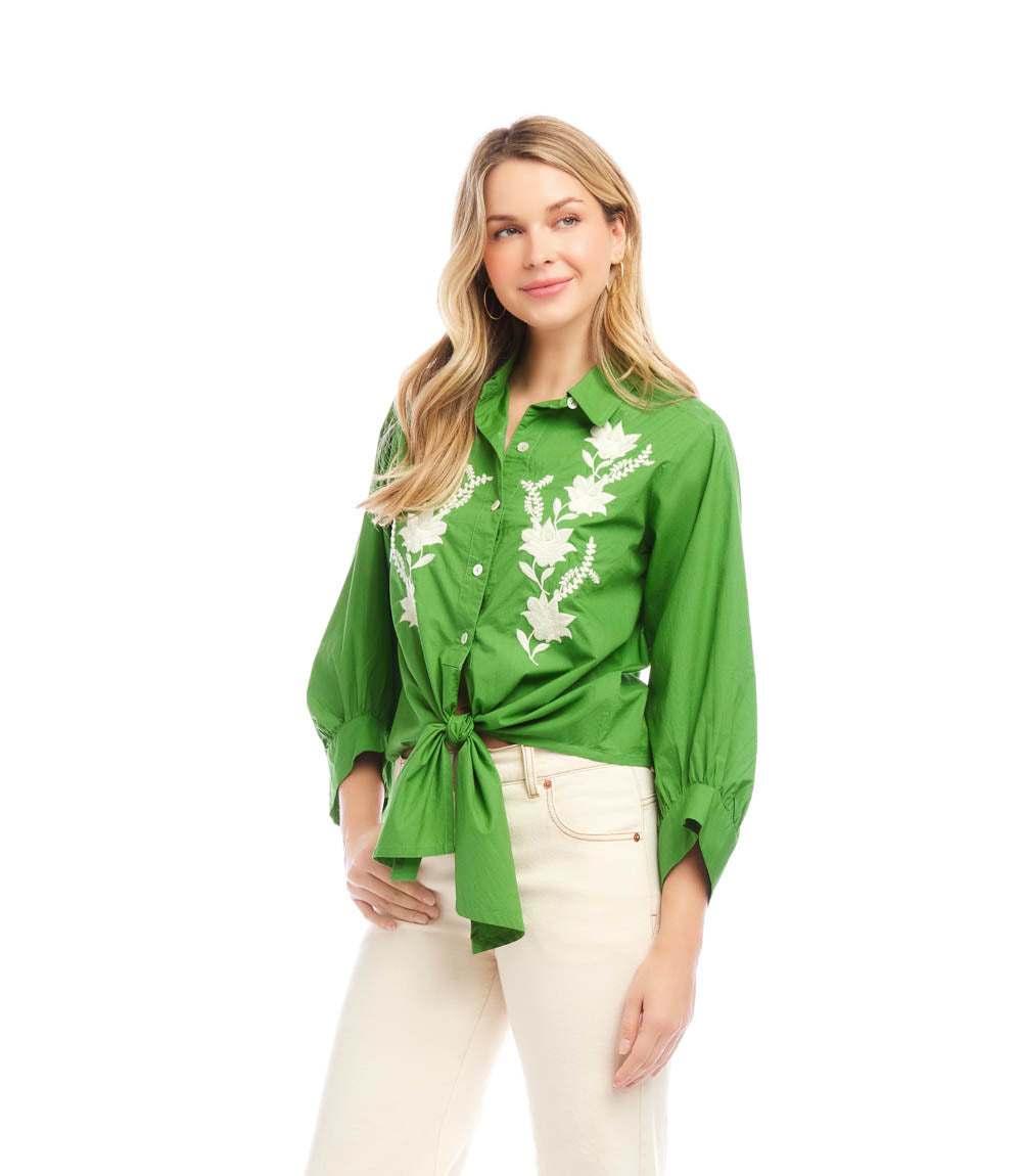 Blouson Sleeve Embroidered Tie-Front Top