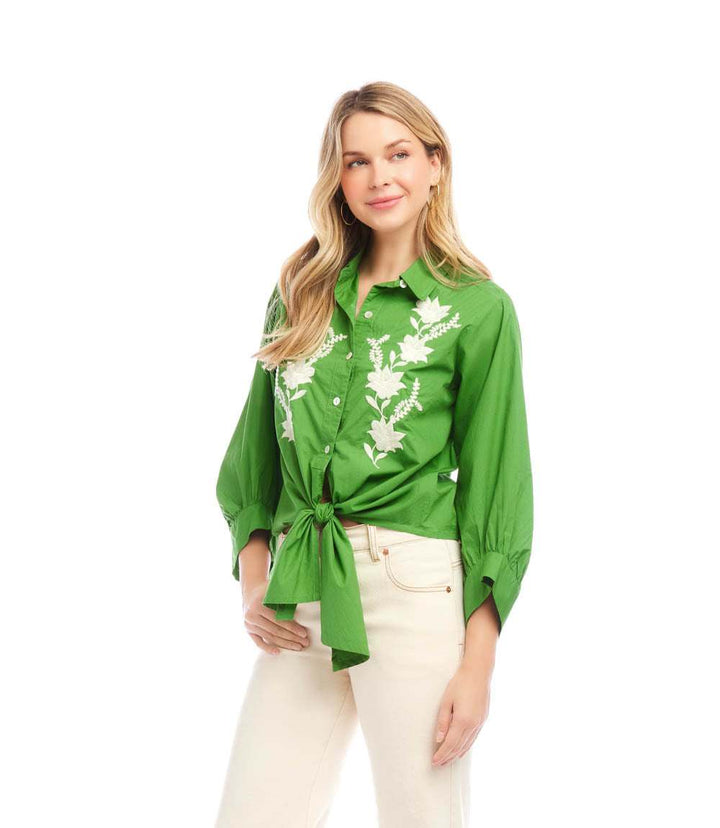 Blouson Sleeve Embroidered Tie-Front Top