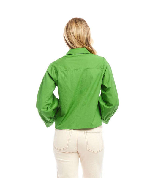 Green Blouson Sleeve Embroidered Tie-Front Top | Karen Kane