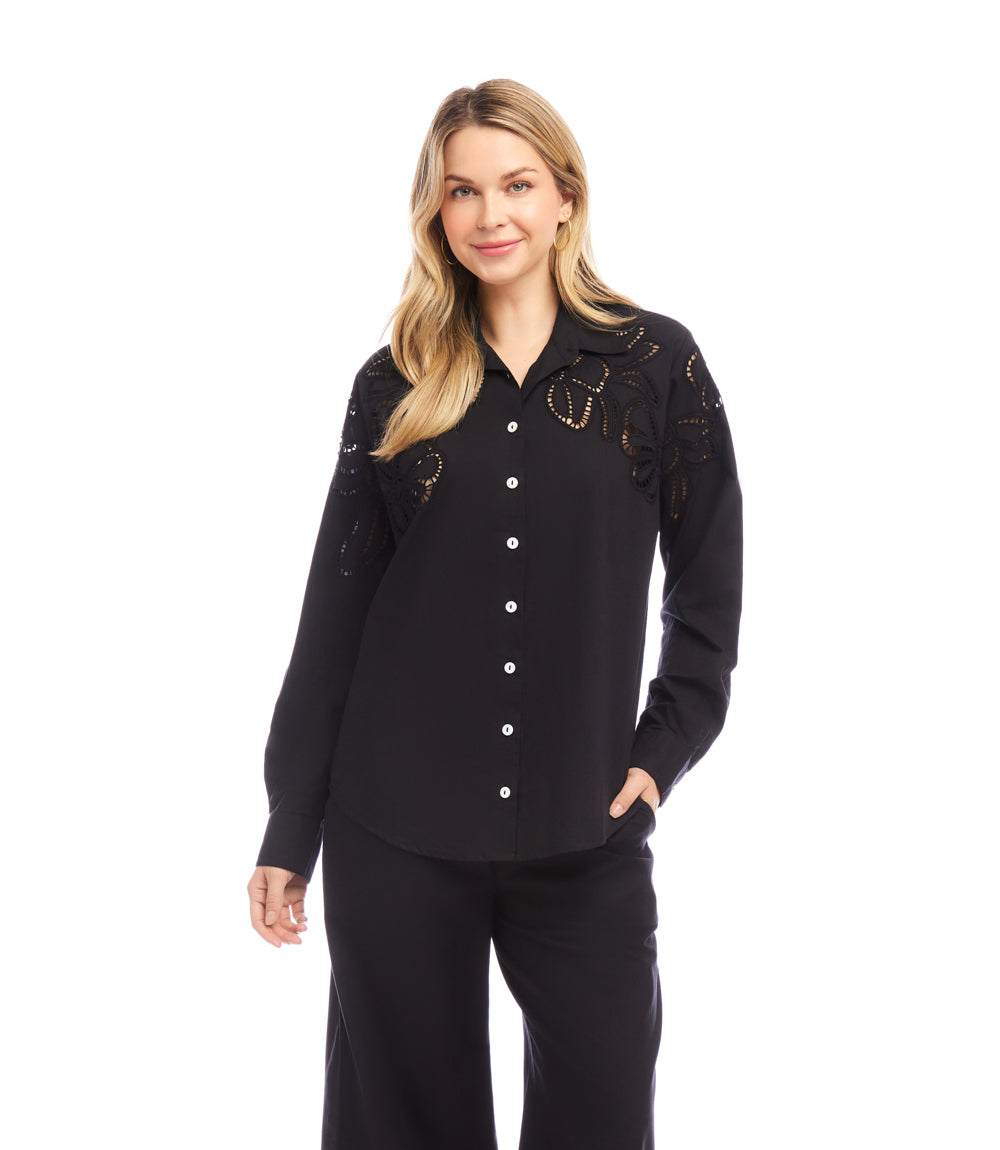 Long Sleeve Cutout Embroidery Shirt