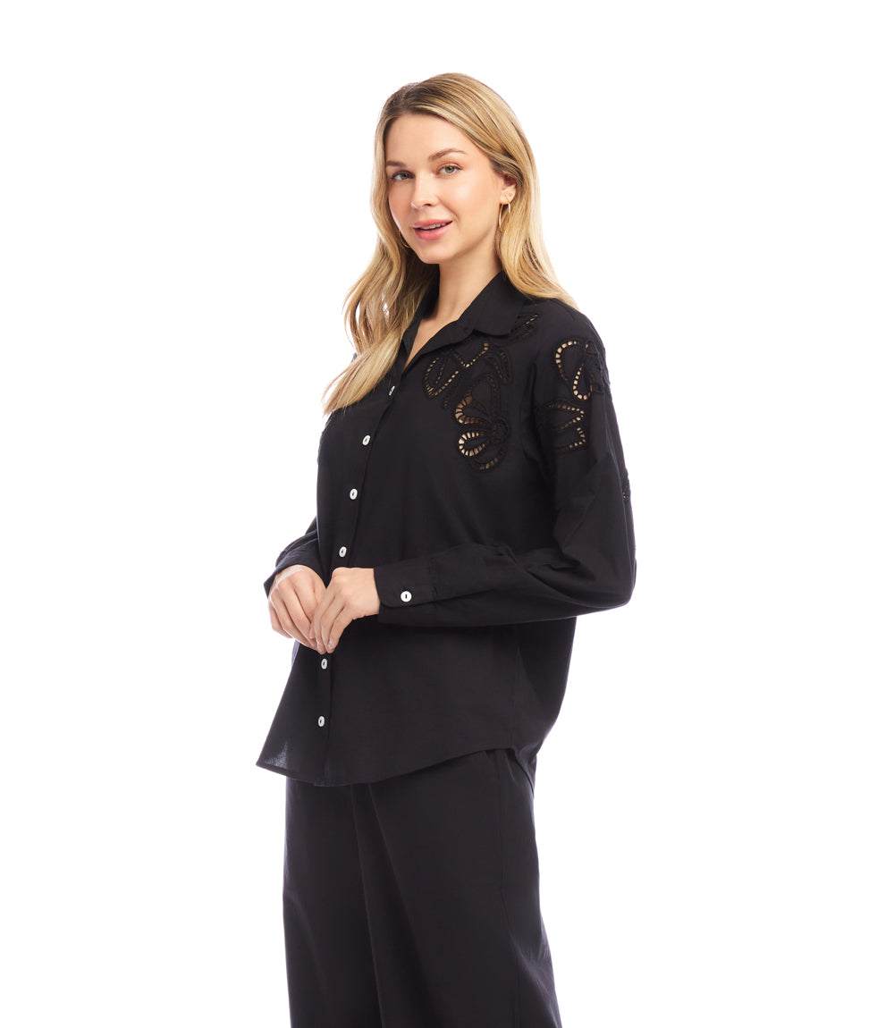 Long Sleeve Cutout Embroidery Shirt