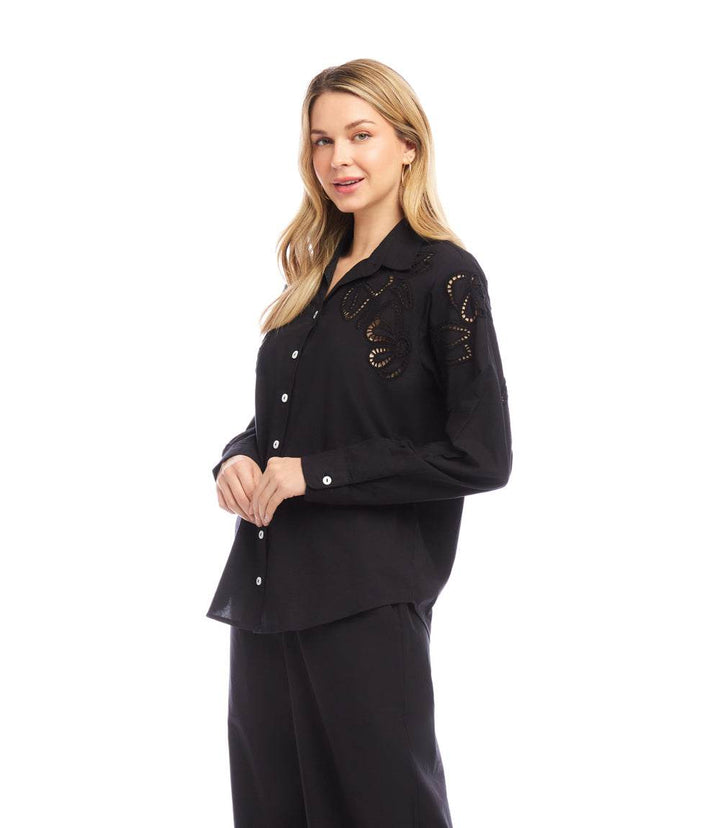 Long Sleeve Cutout Embroidery Shirt