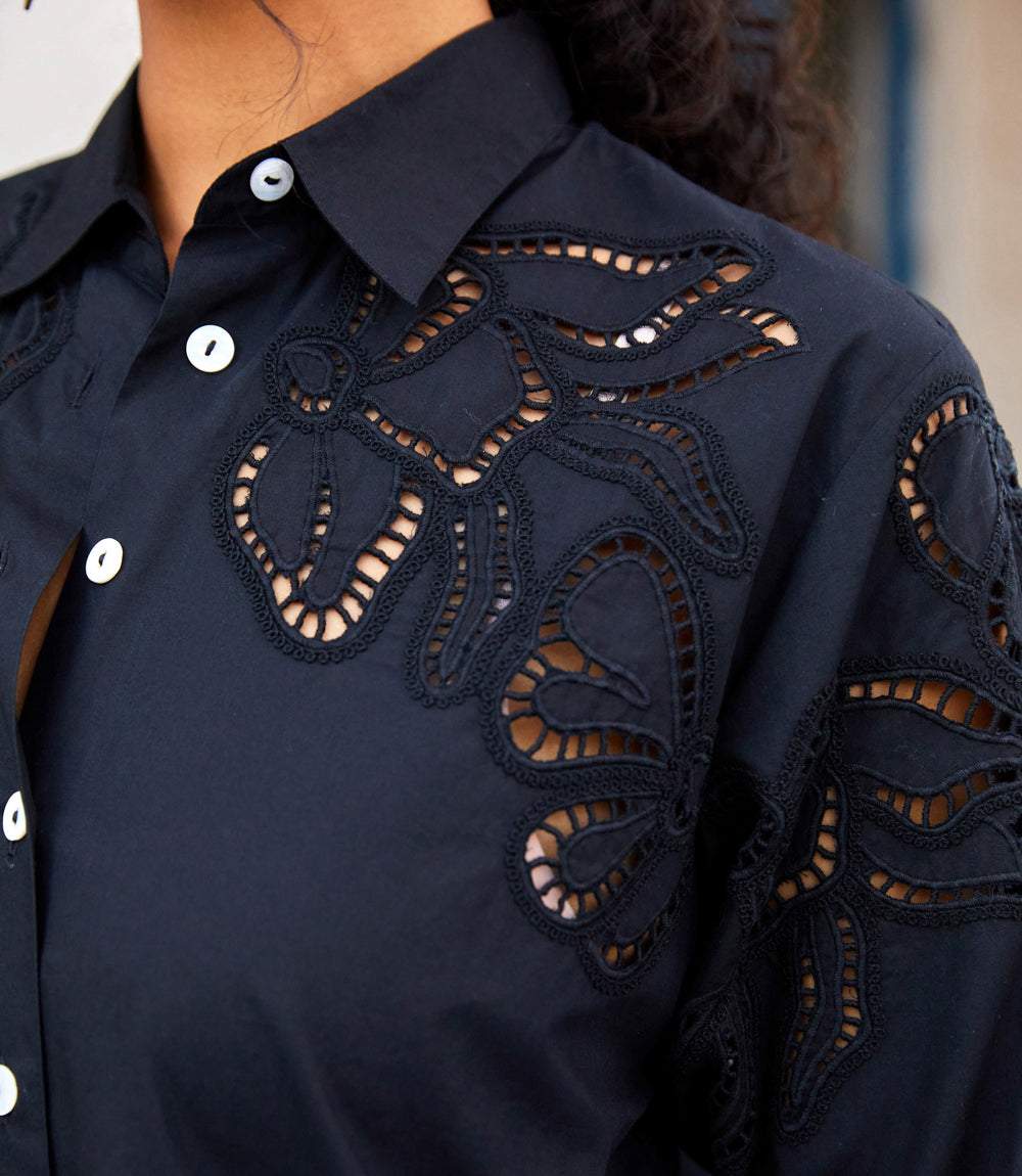 Long Sleeve Cutout Embroidery Shirt