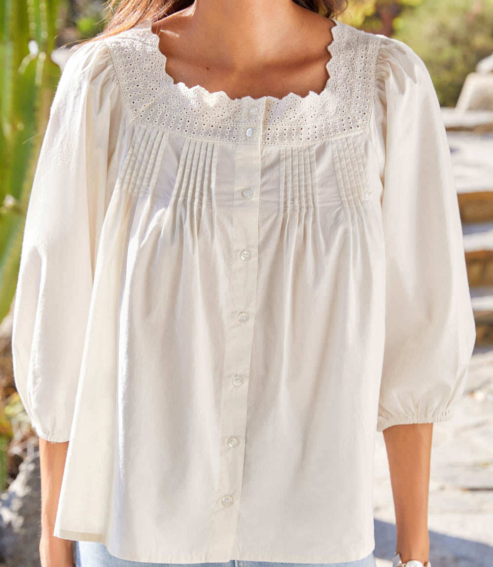 3/4 Sleeve Square Neck Button-Up Blouse