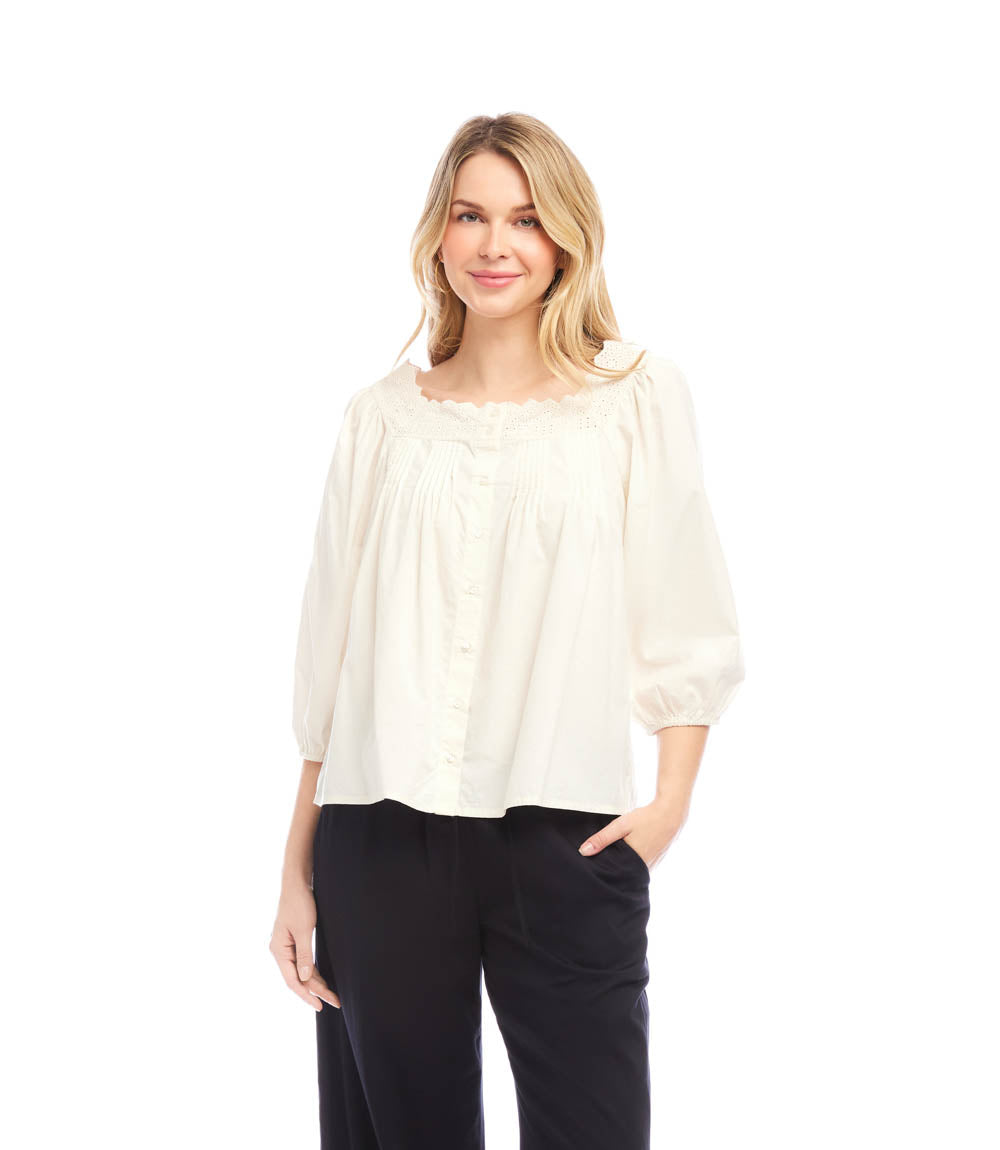 3/4 Sleeve Square Neck Button-Up Blouse