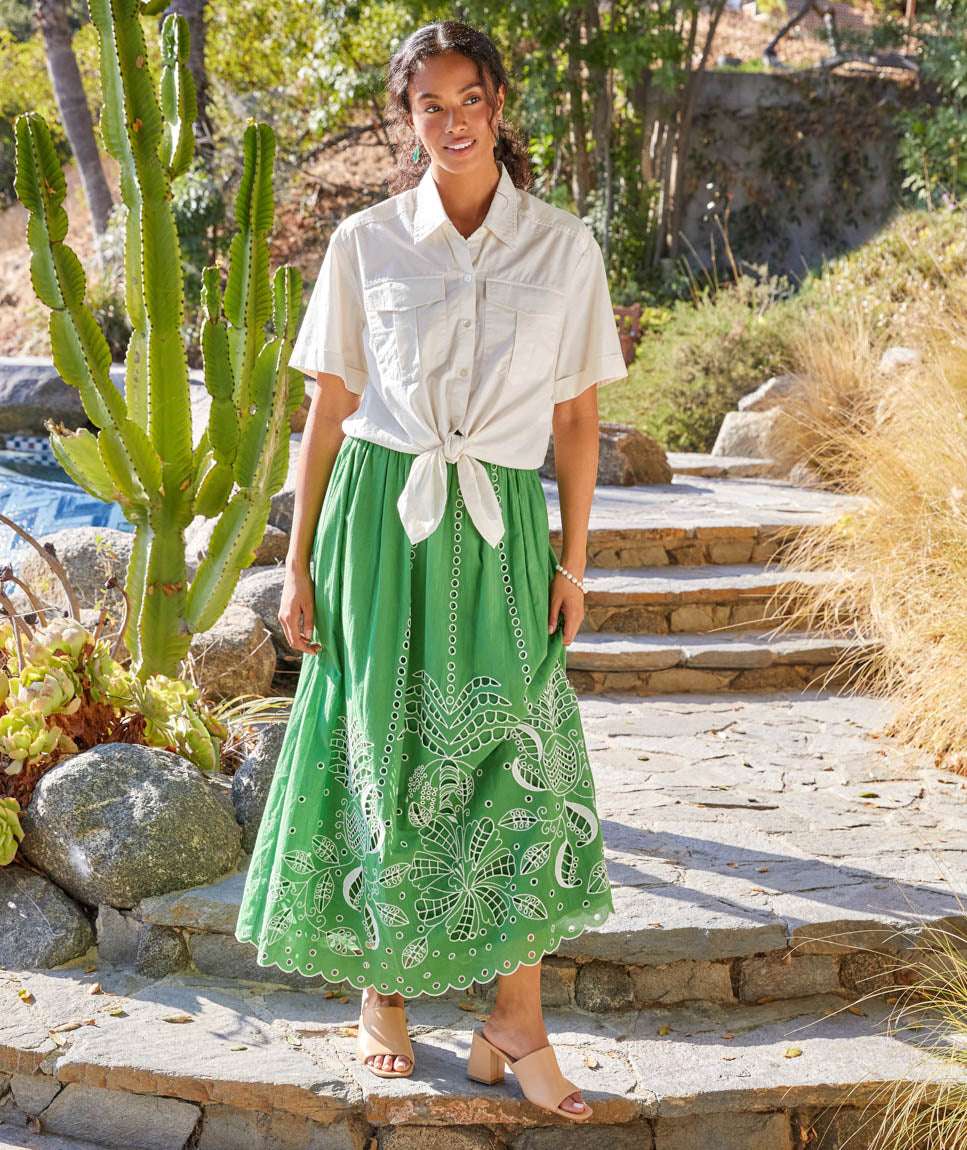 Cutout Embroidery Midi Skirt