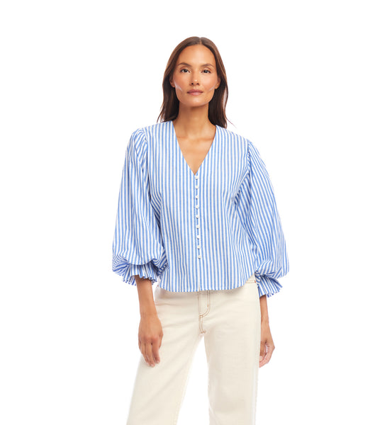 Stripe Stripe Layered Sleeve Shirred Blouse | Karen Kane