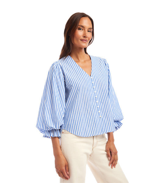 Stripe Stripe Layered Sleeve Shirred Blouse | Karen Kane