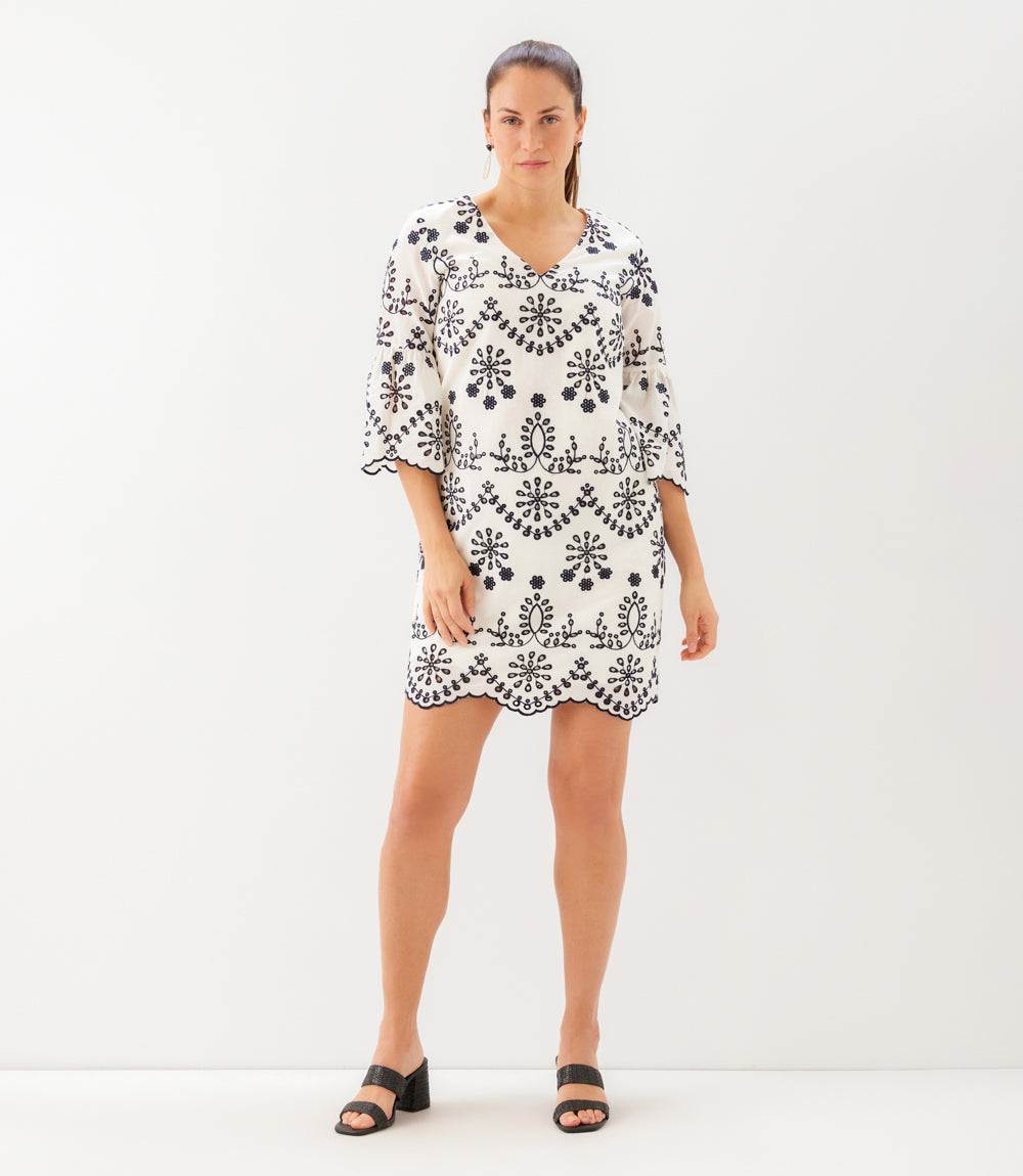 Flare Sleeve Embroidered Dress - Elegant Cotton Eyelet Designs