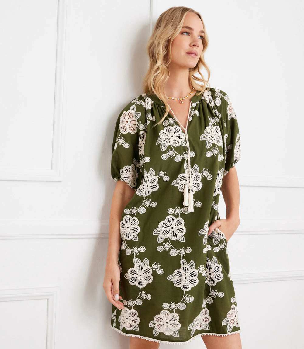 Karen Kane Women's Puff Sleeve Tassel Dress, Large, Cotton