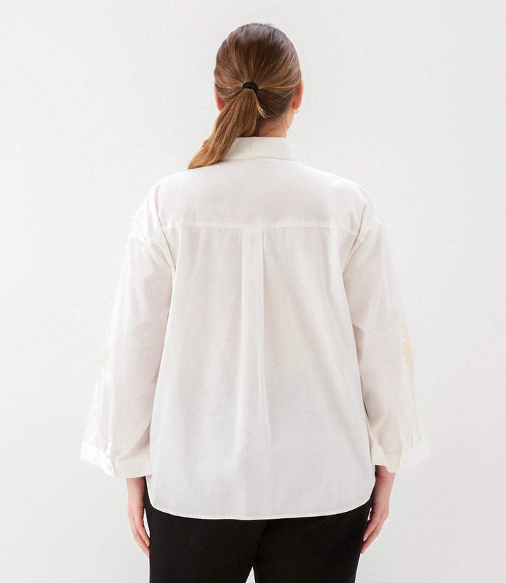 Plus Size Bell Sleeve Embroidered Palm Tree Shirt