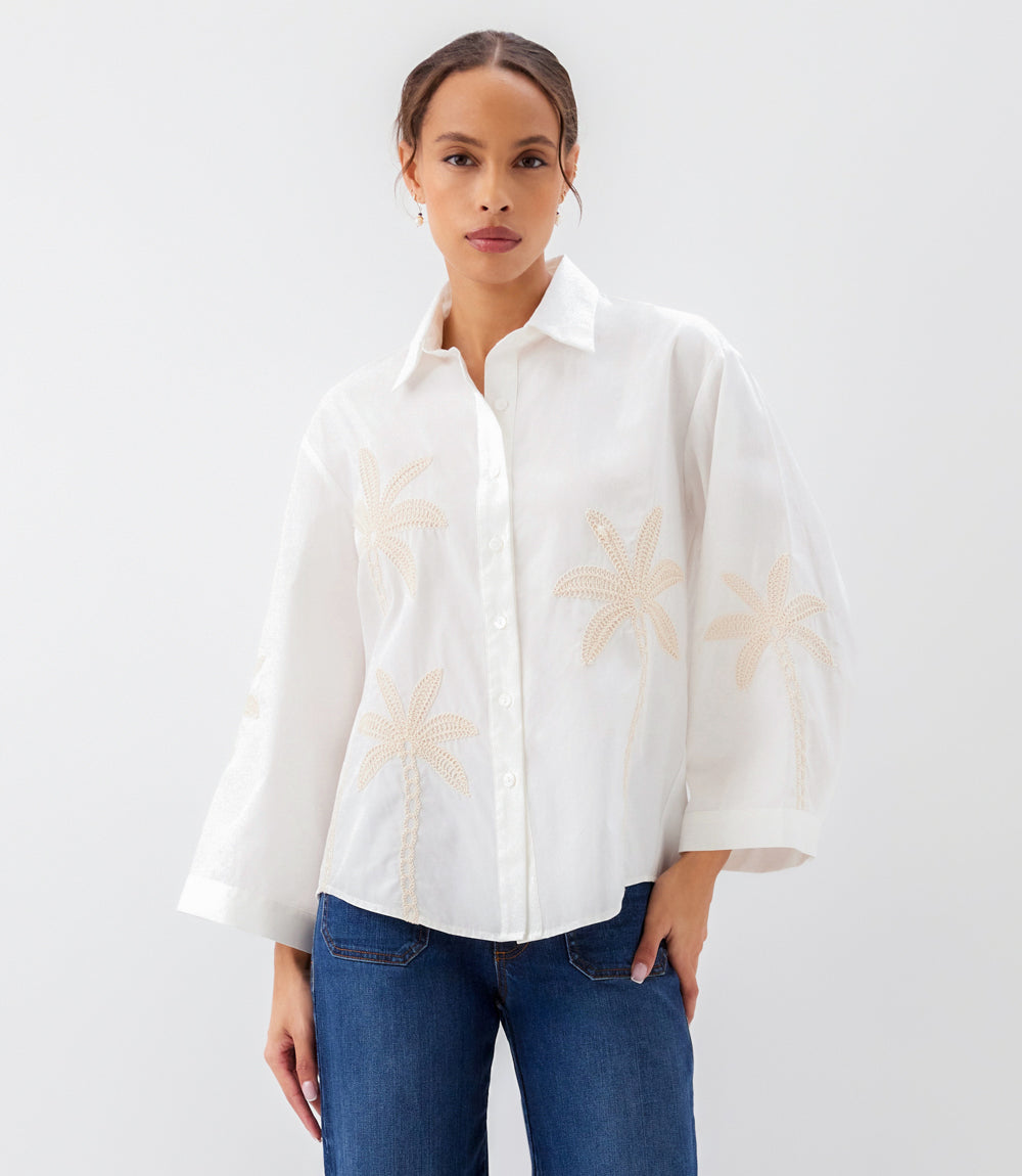 Bell sleeve embroidered palm tree cotton shirt with collar and button front, lightweight and relaxed fit