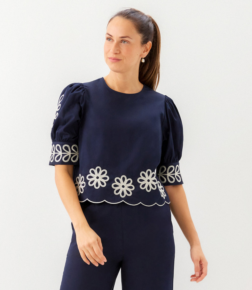 Petite Size Embroidered Blouson Sleeve Scallop Top