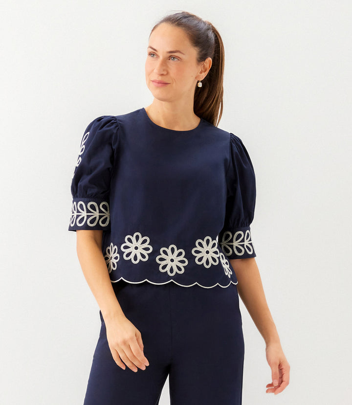 Petite Size Embroidered Blouson Sleeve Scallop Top