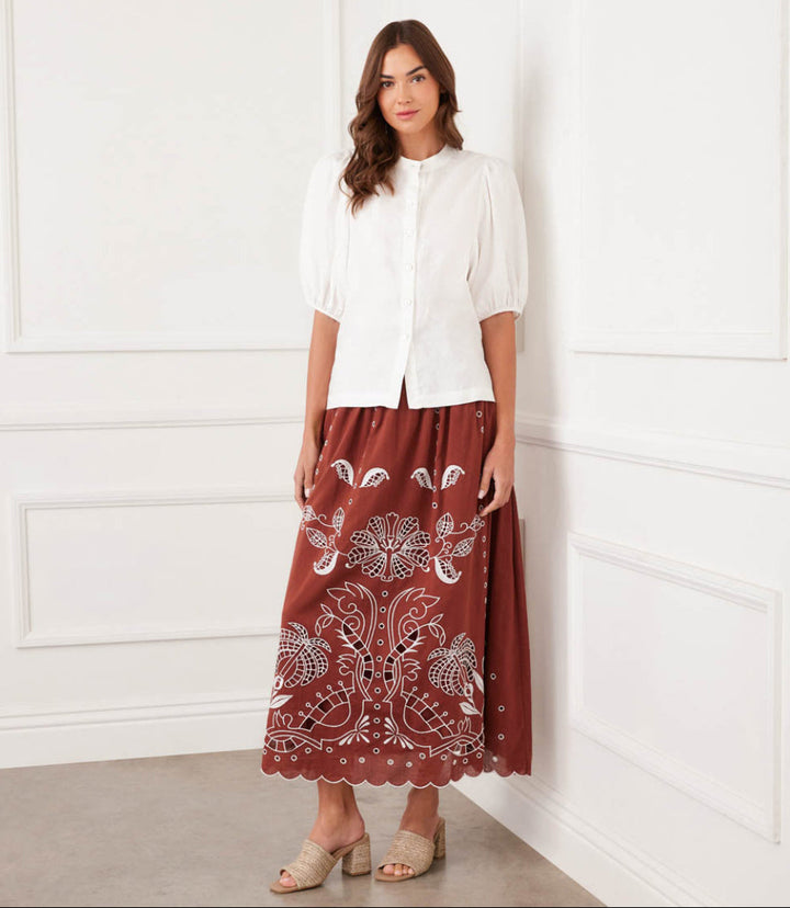 Cut-Out Embroidery Midi Skirt