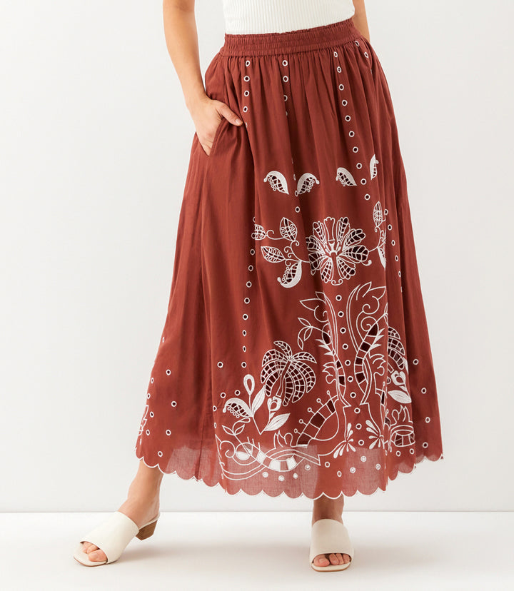 Cut-Out Embroidery Midi Skirt