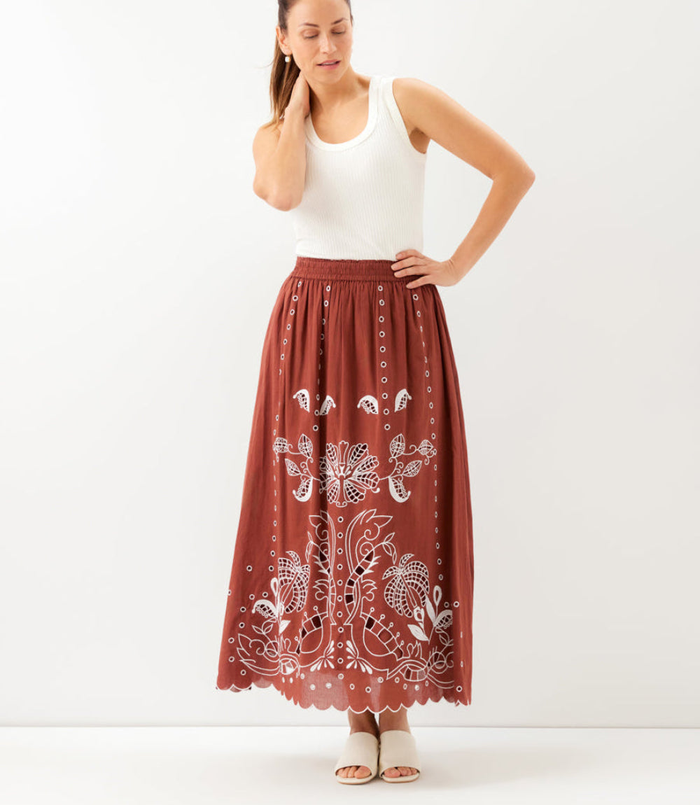 Cut-Out Embroidery Midi Skirt