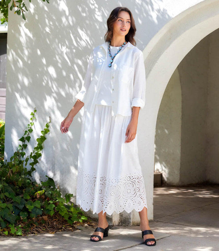 Cut-Out Embroidery Midi Skirt