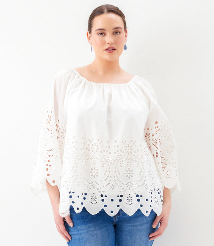 Plus Size Cutout Embroidery Flare Sleeve Peasant Top