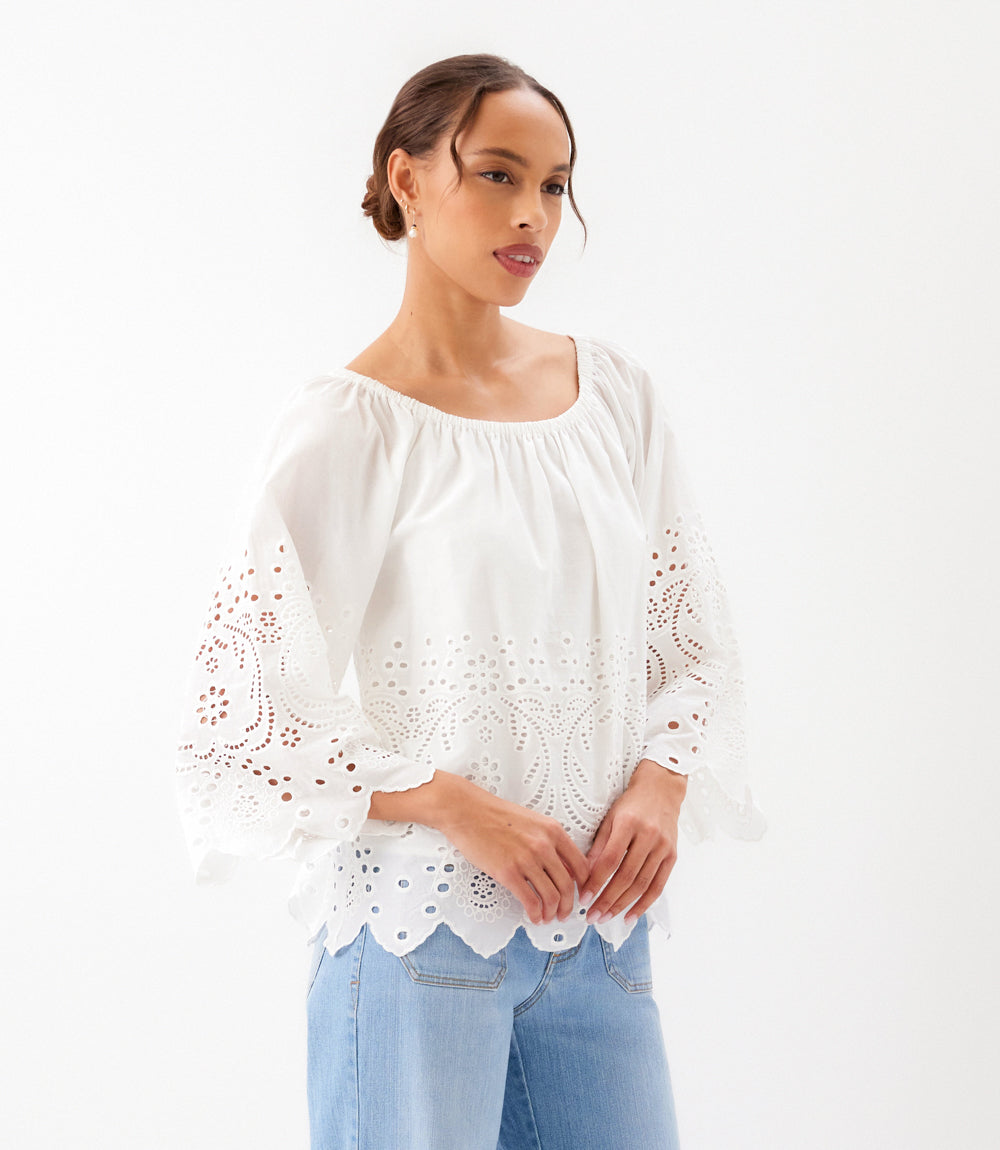 Cut-Out Embroidery Flare Sleeve Peasant Top
