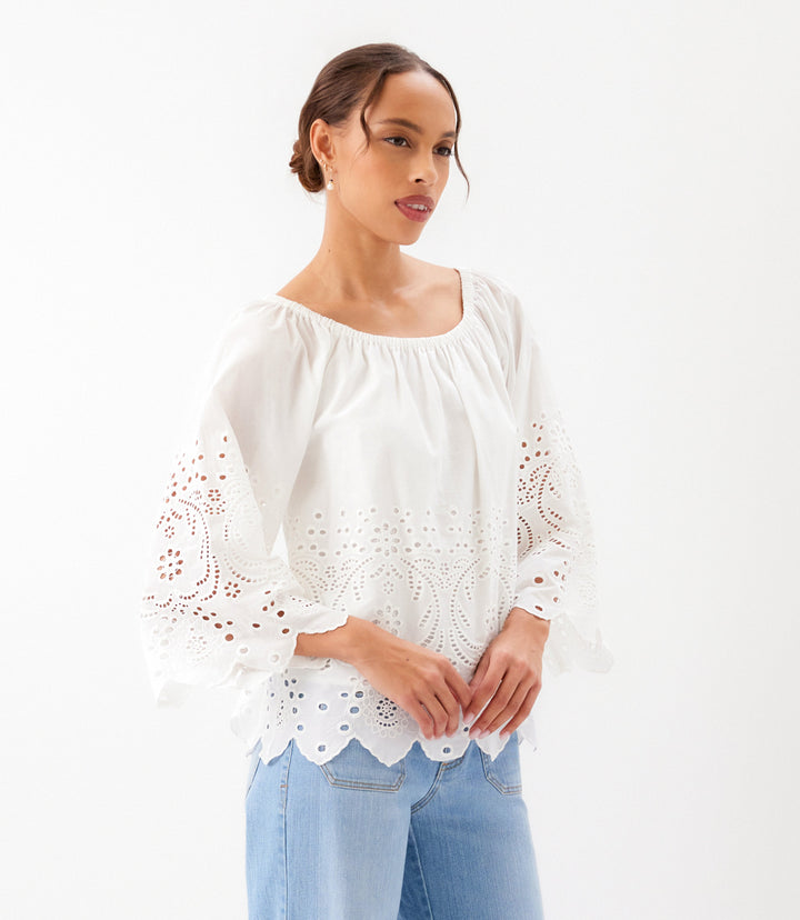 Cut-Out Embroidery Flare Sleeve Peasant Top