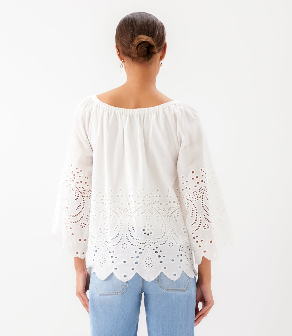 Cut-Out Embroidery Flare Sleeve Peasant Top